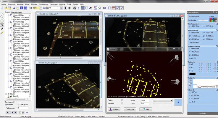 Das Programm PhoX bietet alle wichtigen photogrammetrischen 3D-Berechnungen, Bildverarbeitungsmodule, Bildmessverfahren und Visualisierungswerkzeuge.