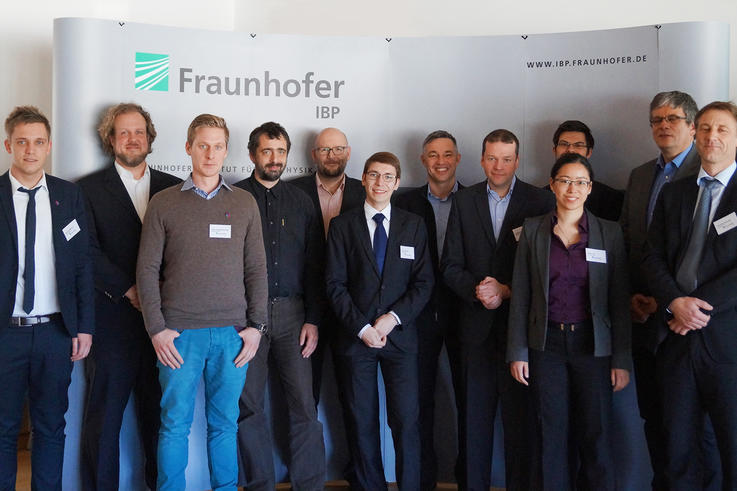 Von links nach rechts: Jens Bredehorn (buildingSMART e.V.), Markus Ermert (Projektträger DLR e.V.), Jörg Jungedeitering (Jade Hochschule), Dr.-Ing. Thomas Liebich (aec3 Deutschland GmbH), Gunther Wölfle (buildingSMART e.V.), Peter Noisten (Fraunhofer IBP), Günter Wenzel (Fraunhofer IAO), Achim Oberg (ifm, Uni Mannheim), Aude Tan (Fraunhofer IBP), Johannes Gantner (Fraunhofer IBP), Prof. Dr.-Ing. Hans-Hermann Prüser (Jade Hoschule), Thomas Kirmayr (Fraunhofer IBP)