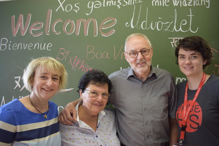 (v.l.) Andrea Menn, Leiterin des International Office, Maria Dudas, Deutschlehrerin, Prof. Dr. Uwe Weithöner, Vizepräsident für Internationales und Annalisa Wellhäuser freuen sich auf den Start des 21. Sommerdeutschkurses.